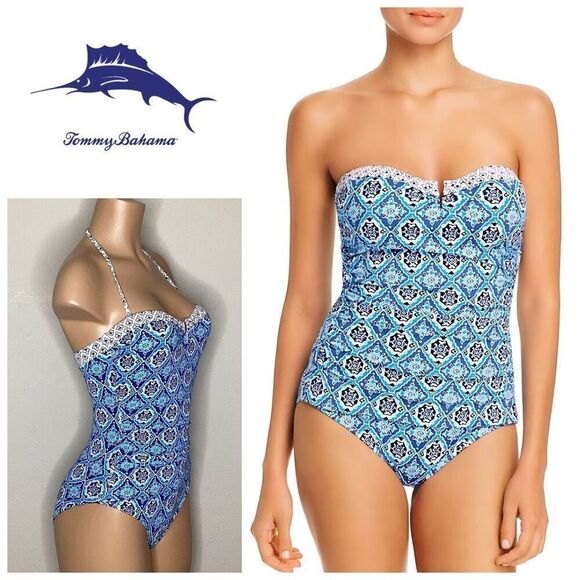 New. Tommy Bahama V-Wire blue tile swimsuit. Size 4. Retails $148 - Picture 1 of 11